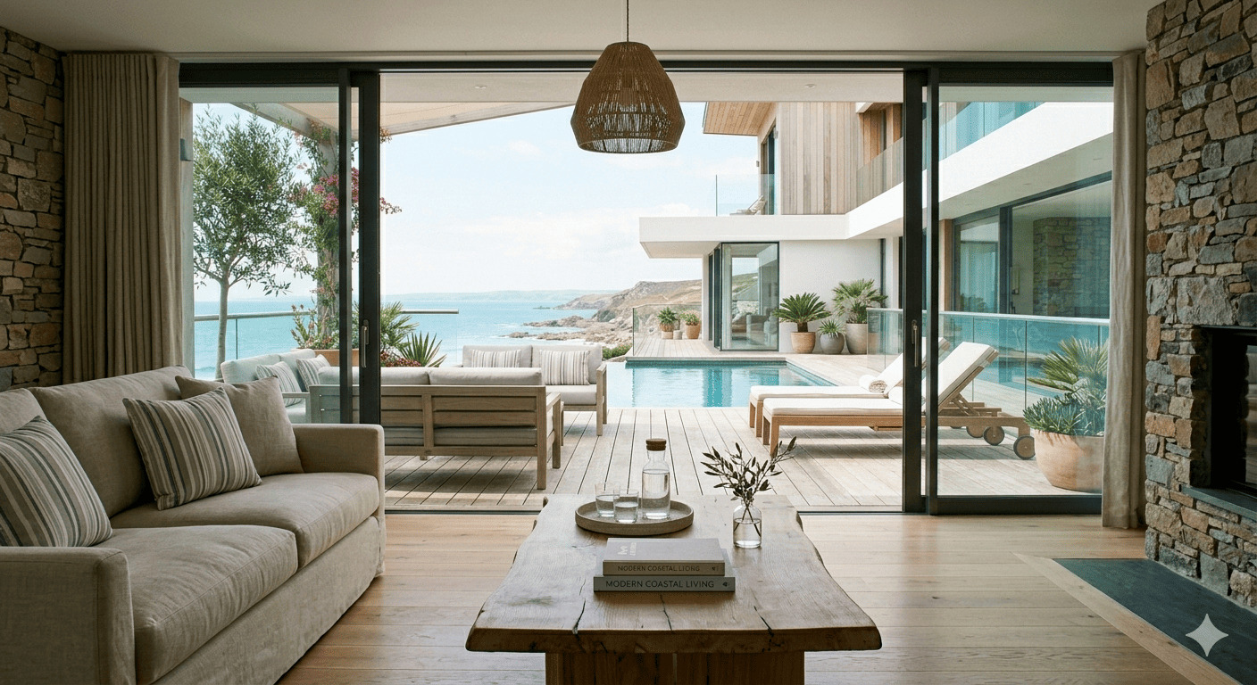 Terraza de casa de playa con vistas al mar en verano
